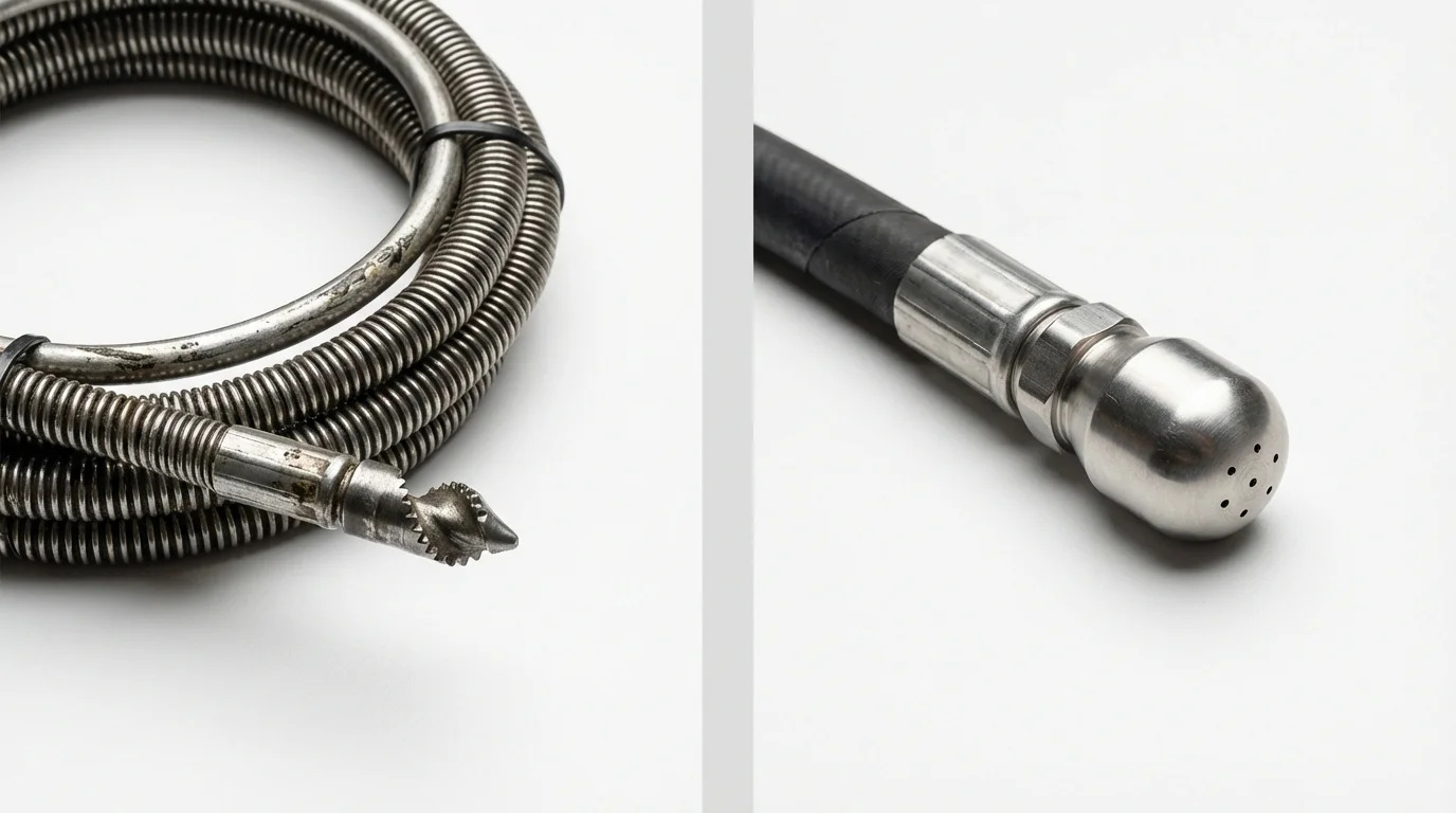 Drain snake cable and hydro jetting nozzle used for drain cleaning in Hamilton, NY