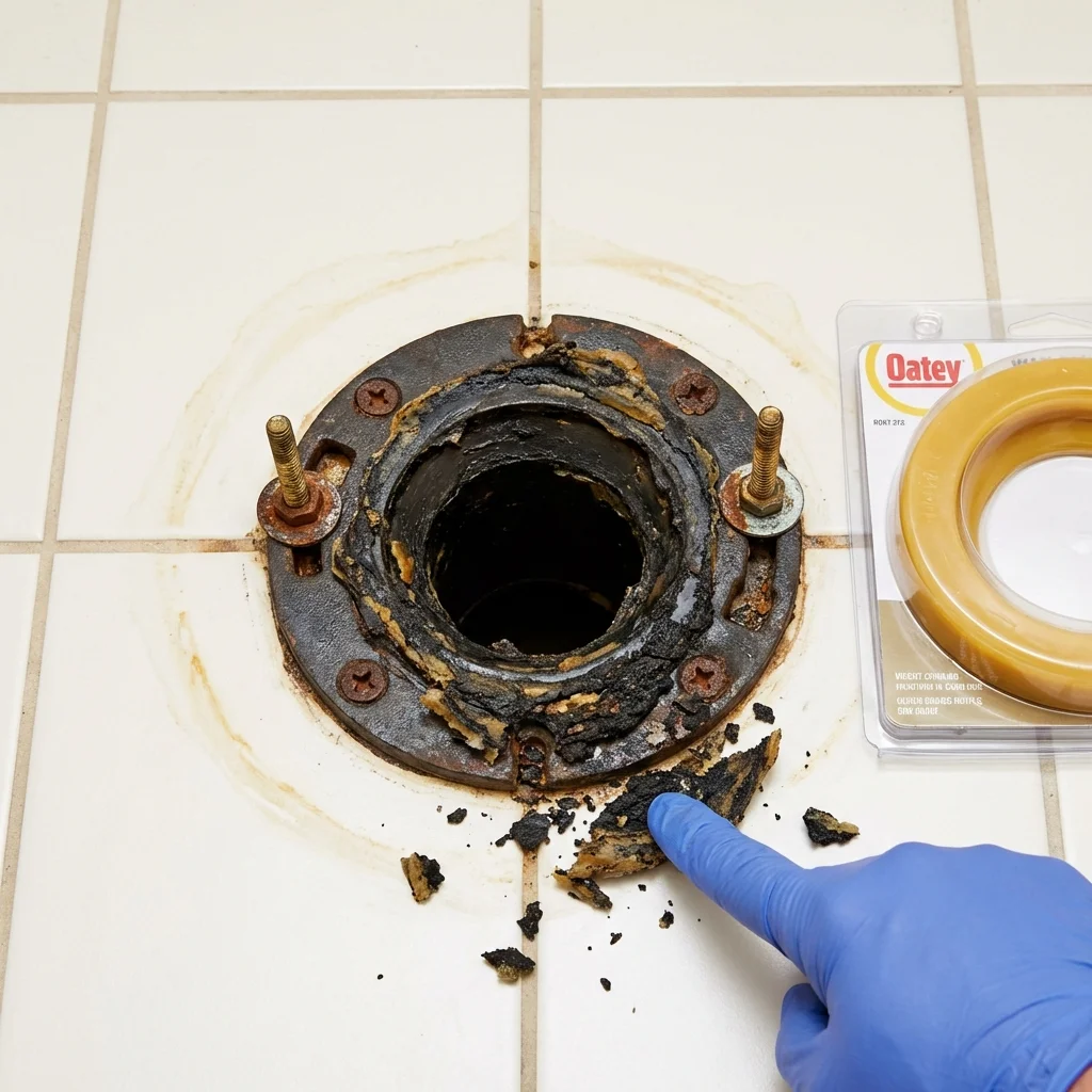 Failed wax ring showing water seepage at the base of a toilet in a Hamilton, NY home