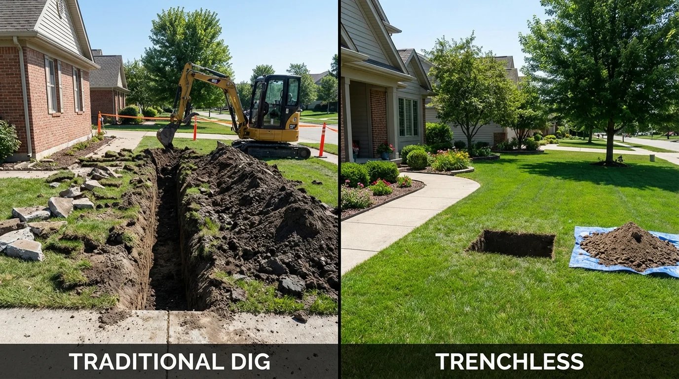 Trenchless sewer repair with minimal yard damage versus traditional excavation in Hamilton, NY