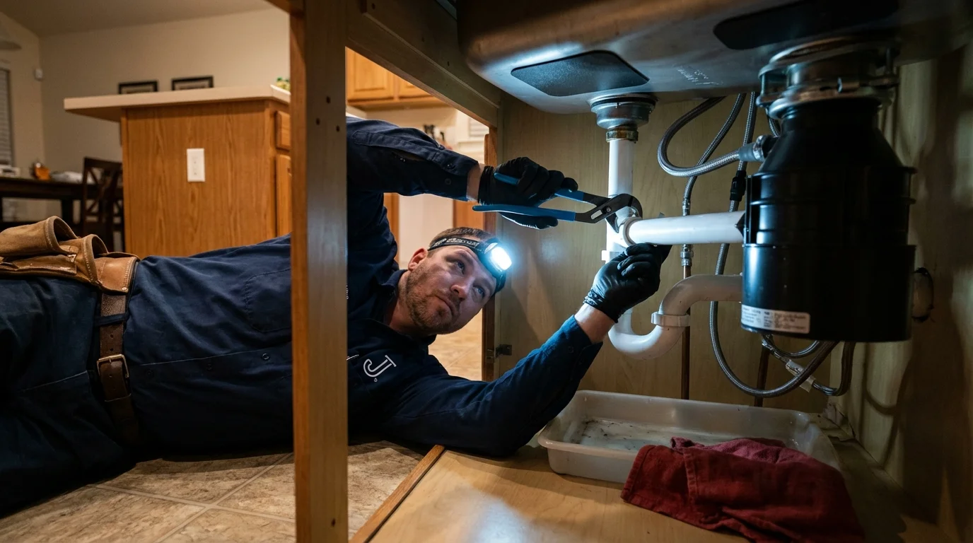 P-trap and supply line connections under a kitchen sink showing a common leak point in Hamilton, NY